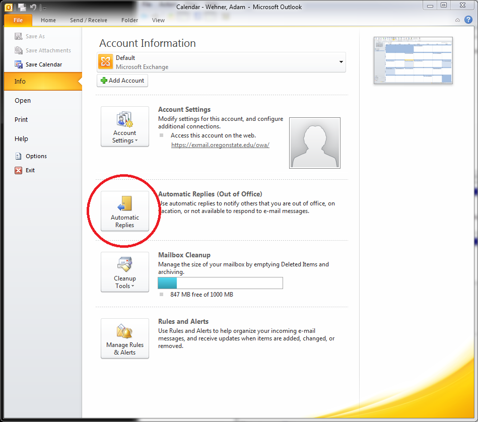 Setting Up Out Of Office Reply In Outlook College Of Agricultural Sciences Oregon State University